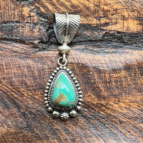 Kingman Turquoise Pendant 925 Sterling Silver | Feather Bail Southwestern - Picture 2 of 11
